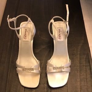 Dyeables white satin and rhinestone heels